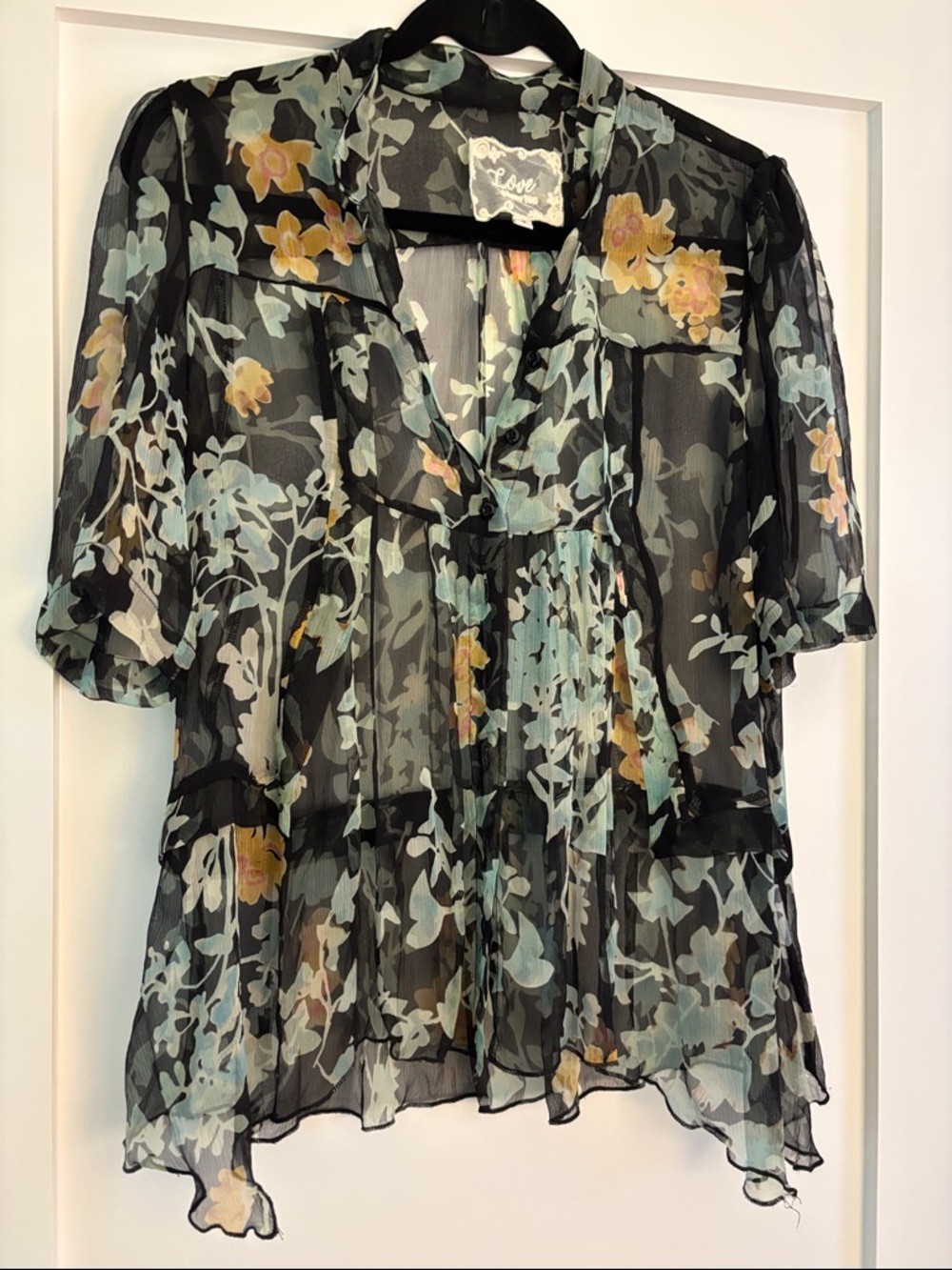 Johnny Was Black Sheer Floral Ruffle Blouse with Yellow & Light Blue Flowers